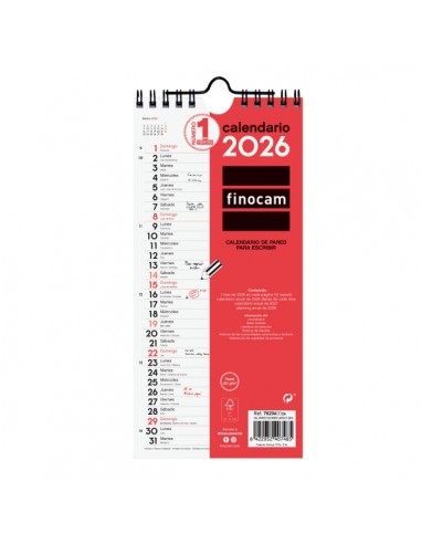 Finocam Calendario de Pared - Anual 2026 - 110x5x240mm - Espacio para Escribir - Color Blanco y Rojo