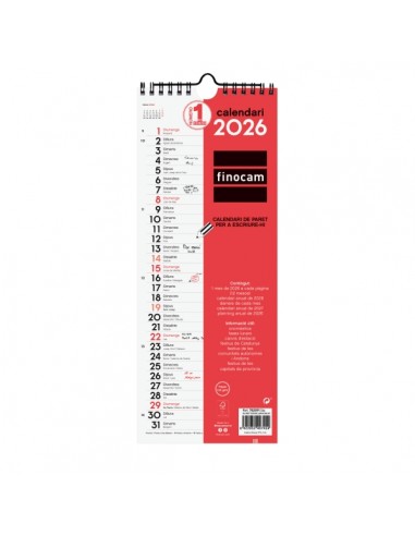 Finocam Calendario de Pared en Catalan - Anual 2026 - Formato Largo M - 130x5x335mm - Espacio para Escribir - Color Blanco y