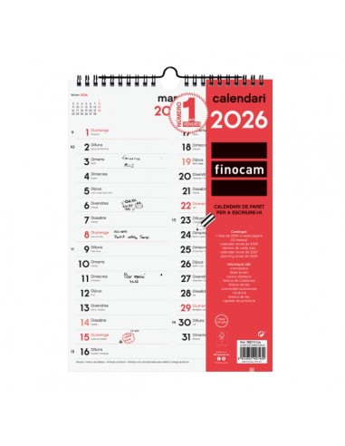 Finocam Calendario de Pared en Catalan - Anual 2026 - Espacio para Escribir - Formato M - 210x6x305mm - Dos Columnas - Color