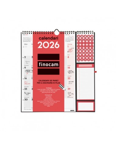 Finocam Calendario de Pared en Catalan - Anual 2026 - Anilla Portaboligrafo - 300x11x335mm - Espacio para Escribir - Color
