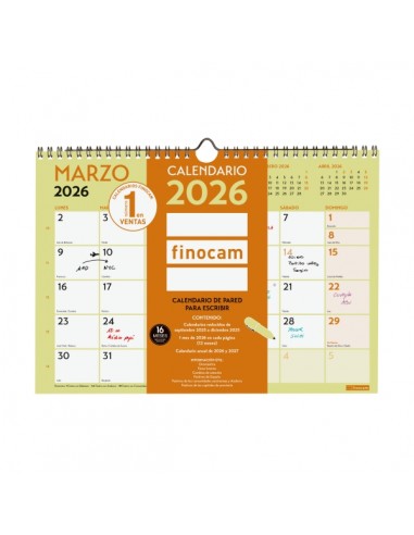 Finocam Grafik Calendario de Pared - Anual 2026 - 297x10x212mm - Espacio para Escribir - Color Surtidos