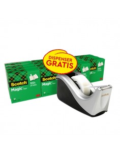 Scotch Magic Pack de 16 Cintas Adhesivas Invisibles 19mm x 33m-Dispensador Gratis - Color del Dispensador Negro Gris