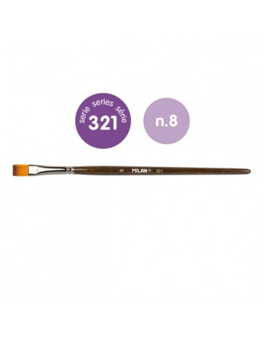 Milan 321 Pack de 6 Pinceles Planos Numero 8 - Bolsa con Colgador - Pelo Sintetico - Color Madera Oscuro