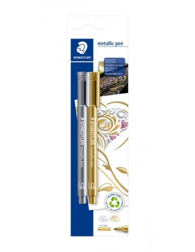 Staedtler Metallic Pen Pack de 2 Rotuladores de Punta Fina - Trazo 1 - 2mm - Tinta Base de Agua - Colores Oro y Plata