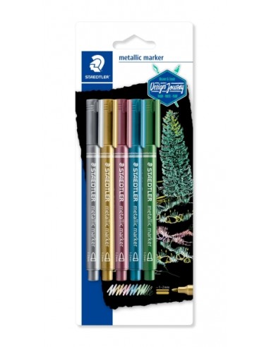 Staedtler Metallic Pen Pack de 5 Rotuladores de Punta Fina - Trazo 1 - 2mm - Tinta Base de Agua - Colores Surtidos