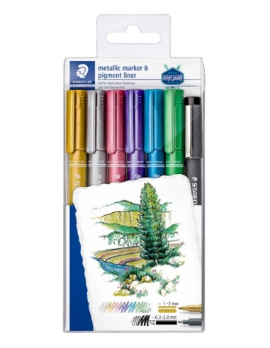 Staedtler Metallic Pen Pack de 6 Rotuladores de Punta Fina Trazo 1 - 2mm-Rotulador Pigment Liner Trazo 0.3 - 2mm - Tinta