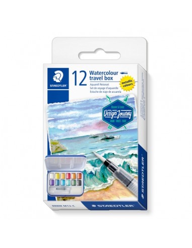 Staedtler 888 Design Journey Caja Metalica con 12 Pastillas de Acuarela Tonos Metalicos-Pincel de Agua M-Esponja - Tapa