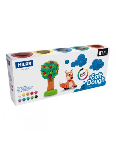 Milan Basic Soft Dough Pack de 10 Botes de Pasta Blanda - 100-Vegetal - Moldeable - Sin Residuos - Colores Mezclables - 85g