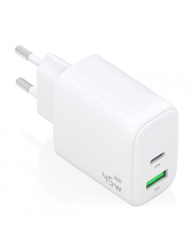 Aisens Cargador GAN 45W - 1xUSB-C PD3.0 QC4.0 y 1xUSB-A QC3.0 - Color Blanco
