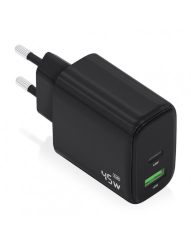Aisens Cargador GAN 45W - 1xUSB-C PD3.0 QC4.0 y 1xUSB-A QC3.0 - Color Negro