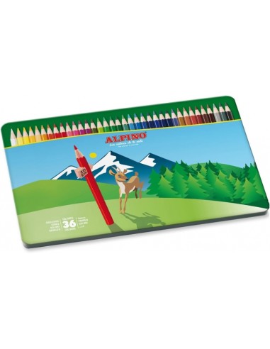 Alpino Caja Metalica con 36 Lapices de Colores Hexagonales - Mina de 3mm - Resistente a la Rotura - Bandeja Extraible -