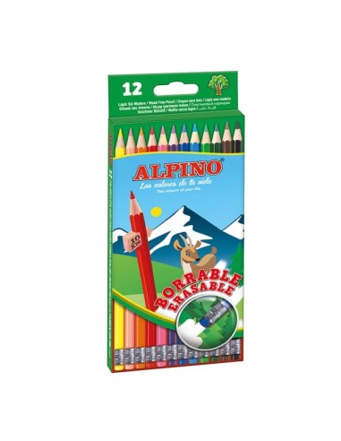 Alpino Pack con 12 Lapices de Colores Hexagonales Borrables - Mina de 3mm - Goma de Borrar del mismo Color - Resistente a la
