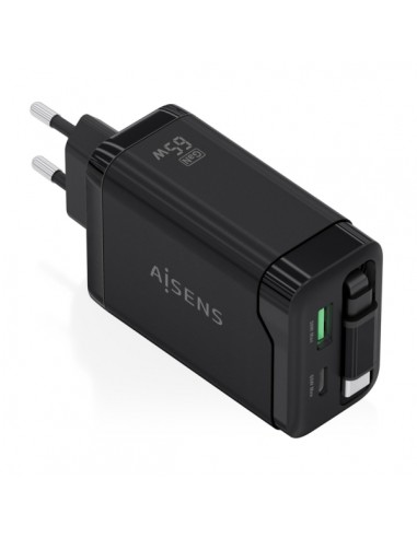 Aisens Cargador GAN 65W - 1xUSB-C PD3.0 y 1xUSB-A QC3.0-Cable USB-C Retractil - Color Negro