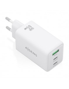 Aisens Cargador GAN 65W - 2xUSB-C PD3.0 QC4.0 y 1xUSB-A QC3.0 - Color Blanco