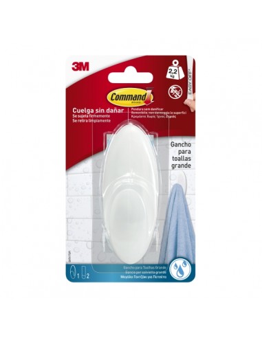 Command Gancho Grande para Toallas - Resistente al Agua - 1 Tira Adhesiva - Soporta hasta 2.2kg - Color Blanco