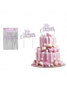 Bismark Topper Primera Comunion para Tarta - Material Acrilico Efecto Glitter - Color Lila