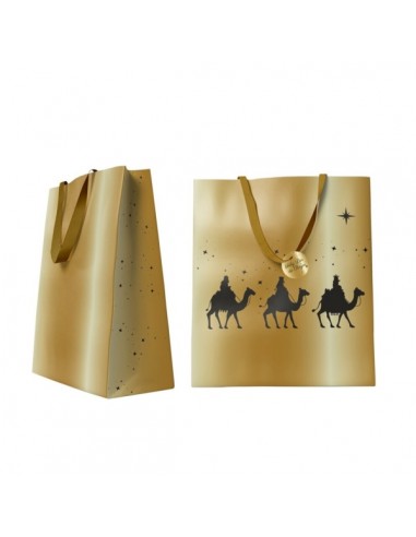 Bismark Bolsa de Papel Reyes Magos - Medidas 24x32x10cm - Tarjeta Colgante - Color Oro