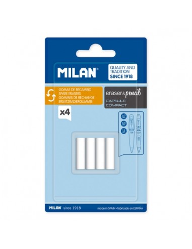 Milan Pack de 4 Gomas de Recambio para Portaminas - Compatible con Capsule y Compact - Color Blanco