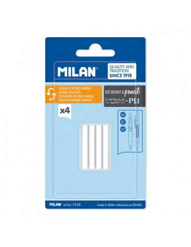 Milan Pack de 4 Gomas de Recambio para Portaminas - Compatible con Capsule-Slim y Pl1 - Color Blanco
