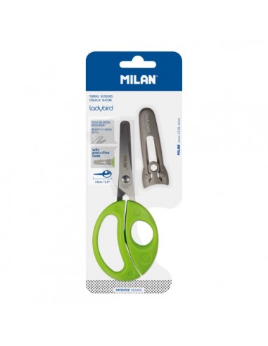 Milan Ladybird Tijeras con Funda - Mango Ergonomico - Punta Redondeada - Acero Inoxidable de 15cm - Color Verde