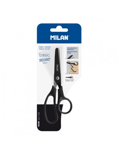 Milan Basic Shadow Tijeras de 13.4cm - Mango Ergonomico - Punta Redondeada - Hoja de Acero Inoxidable - Color Negro