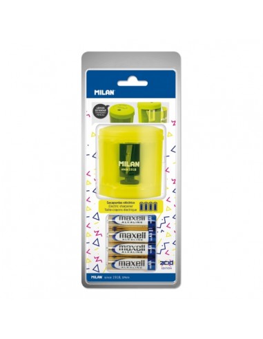 Milan Power-Sharp Acid Sacapuntas Electrico - Pilas Incluidas - Deposito Integrado - Cuchilla de Acero al Carbono de