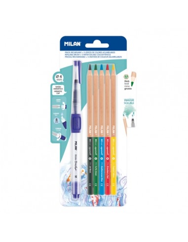 Milan Water Brush Pack de Pincel Recargable-5 Lapices Acuarelables - Mina Gruesa - Color Azul