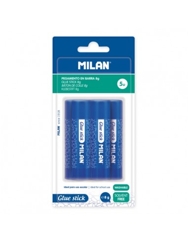 Milan Pack de 5 Barra de Pegamento 8 g - Multiusos - Multisuperficies - Sin Disolventes - Uso Escolar - Color Azul