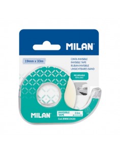 Milan Portarrollos con Cinta Adhesiva - Cinta Transparente Mate - Hoja de Corte Metalica - 19mm x 33m - Color Verde
