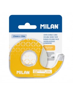 Milan Portarrollos con Cinta Adhesiva de Doble Cara - Hoja de Corte Metalica - 15mm x 10m - Color Amarillo