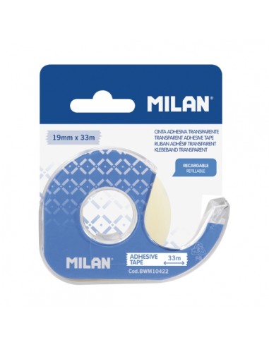 Milan Portarrollos con Cinta Adhesiva - Cinta Transparente Brillante - Hoja de Corte Metalica - 19mm x 33m - Color Azul