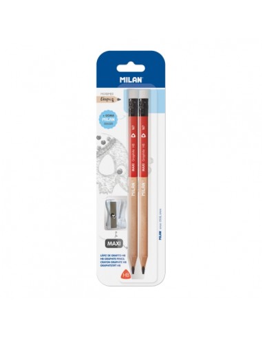 Milan Maxi Pack de 2 Lapices-Goma-1 Sacapuntas - Dureza Media HB - Color Rojo