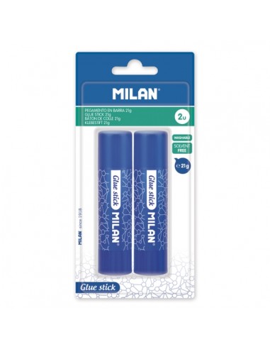 Milan Pack de 2 Barras de Pegamento 21 g - Multiusos - Multisuperficies - Sin Disolventes - Uso Escolar - Color Azul