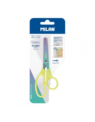 Milan Basic Sunset Tijeras de 13.4cm - Mango Ergonomico - Punta Redondeada - Hoja de Acero Inoxidable - Color Amarillo