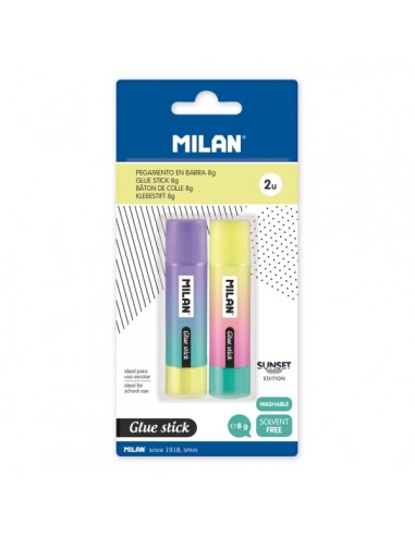 Milan Sunset Pack de 2 Barras de Pegamento 8g - Multiusos - Multisuperficies - Sin Disolventes - Uso Escolar - Color Azul