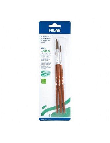 Milan 101 Pack de 3 Pinceles Redondos - Formatos Surtidos - Pelo de Cabra y Sintetico - Color Madera Oscuro