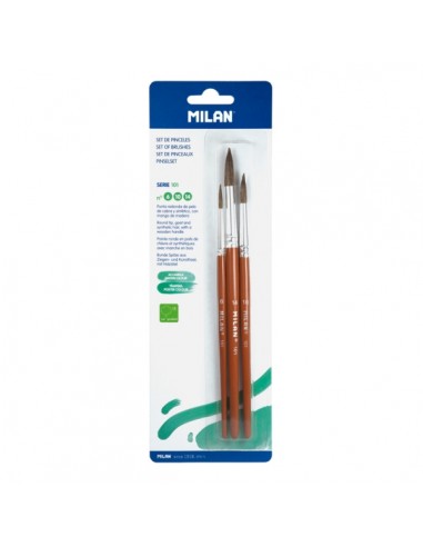 Milan 101 Pack de 3 Pinceles Redondos - Formatos Surtidos - Pelo de Cabra y Sintetico - Color Madera Oscuro
