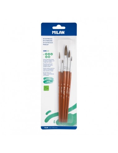 Milan 101 Pack de 5 Pinceles Redondos - Formatos Surtidos - Pelo de Cabra y Sintetico - Color Madera Oscuro