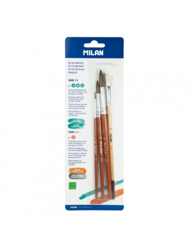 Milan 101 Pack de 3 Pinceles Redondos - Formatos Surtidos - Pelo de Cabra y Sintetico - Incluye 1 Pincel Serie 524 Numero 8 -