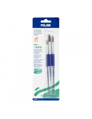 Milan 116 Pack de 3 Pinceles Redondos - Pelo de Cabra y Sintetico - Formatos Surtidos - Mango Ergonomico - Color Transparente
