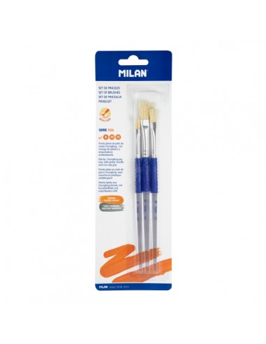 Milan 526 Pack de 3 Pinceles Planos - Formatos Surtidos - Cerda Natural - Mango Ergonomico de Plastico - Color Blanco