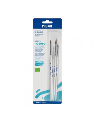 Milan 101W Pack de 4 Pinceles Redondos - Pelo de Cabra y Sintetico - Formatos Surtidos - Color Blanco