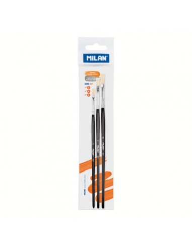 Milan 501 Pack de 3 Pinceles Planos - Cerda Natural - Formatos Surtidos - Color Negro