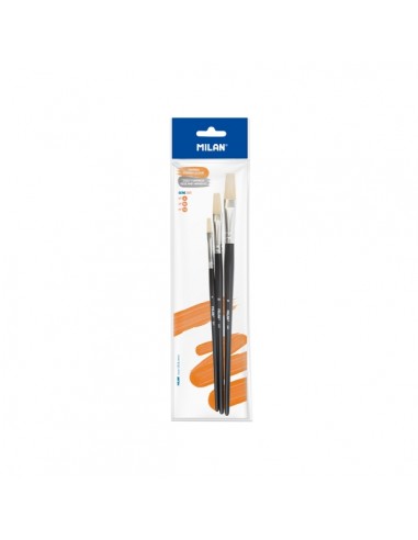 Milan 501 Pack de 3 Pinceles Planos - Formatos Surtidos - Color Negro