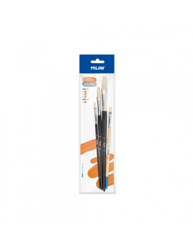Milan 501 Pack de 3 Pinceles Planos - Incluye 1 Pincel Serie 524 Numero 8 - Formatos Surtidos - Color Negro