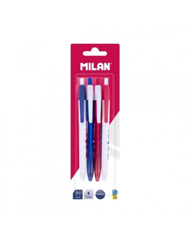 Milan P1 NataÂ® 624 Pack con 4 Boligrafos de Bola Retractiles - Punta Redonda 1mm - Tinta Color Azul - Cuerpos de Colores