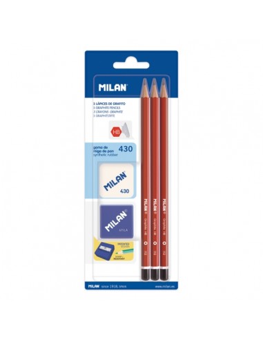 Milan Pack de 3 Lapices HB-Sacapuntas-Goma de Borrar 430 - Hexagonales - Color Rojo