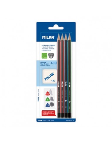 Milan Pack de 4 Lapices-Goma de Borrar 430 - Triangulares - Durezas Surtidas - Colores Surtidos