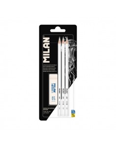 Milan Pack de 3 Lapices-1 Goma para Dibujo - Mina Blanca para Papel Oscuro - Miga de Pan Flexible - Color Blanco