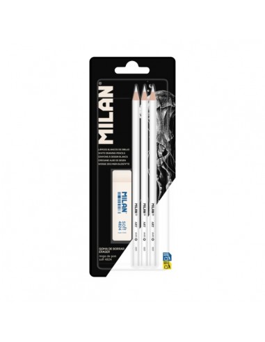 Milan Pack de 3 Lapices-1 Goma para Dibujo - Mina Blanca para Papel Oscuro - Miga de Pan Flexible - Color Blanco